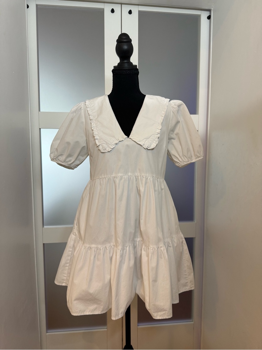 Aqua White Lightweight 100% Cotton Babydoll Mini Dress, XS.